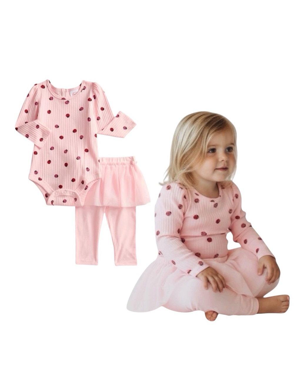 wonder nation Pink Ribbed Ladybugs Bodysuit With Tulle Skeggings
